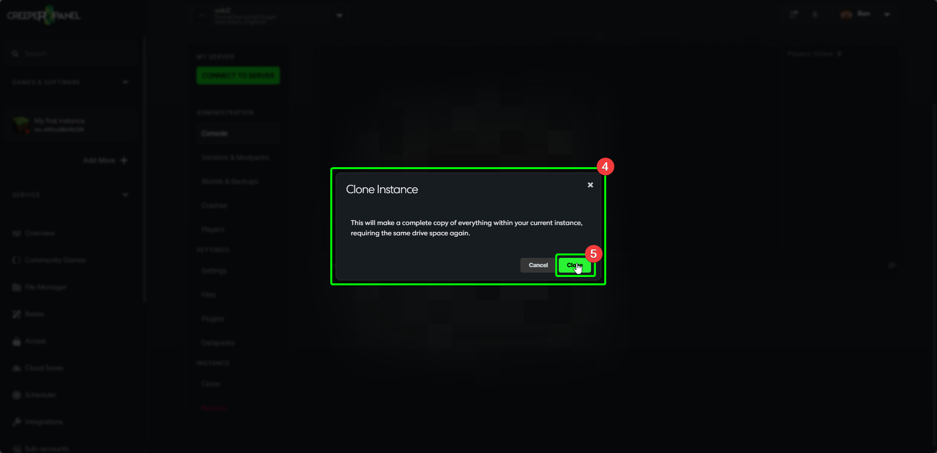 CreeperPanel Clone Instance Confirm Clone