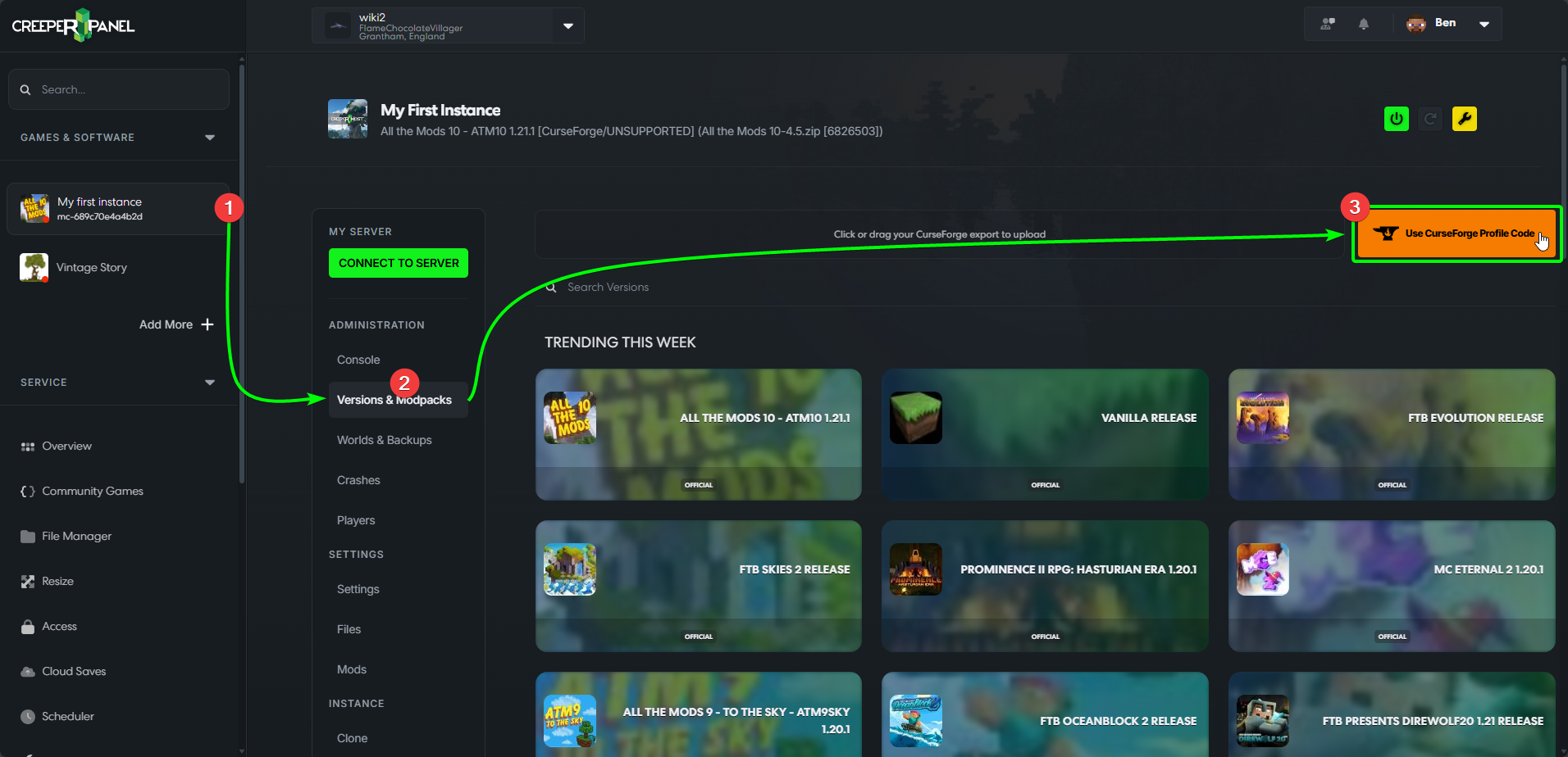 CreeperPanel CurseForge Profile Import