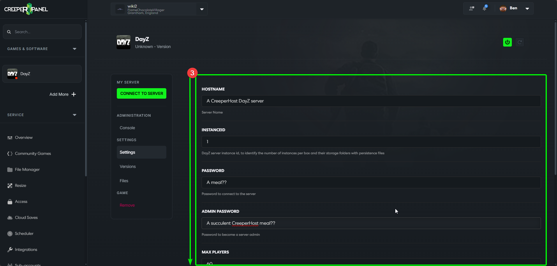 CreeperPanel DayZ Managing Change Settings