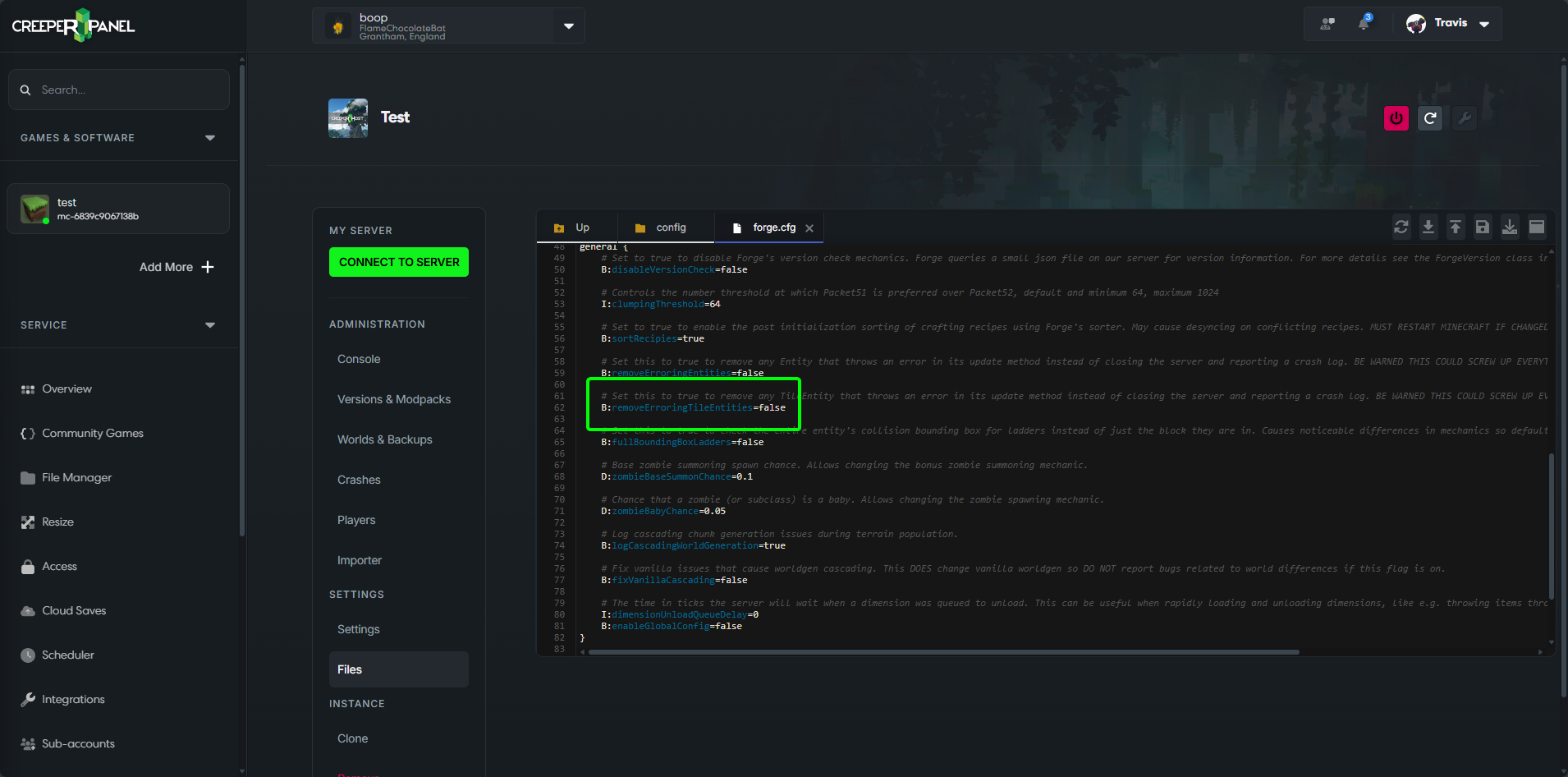 CreeperPanel Minecraft Entity Error Pre 1.13 Edit Config