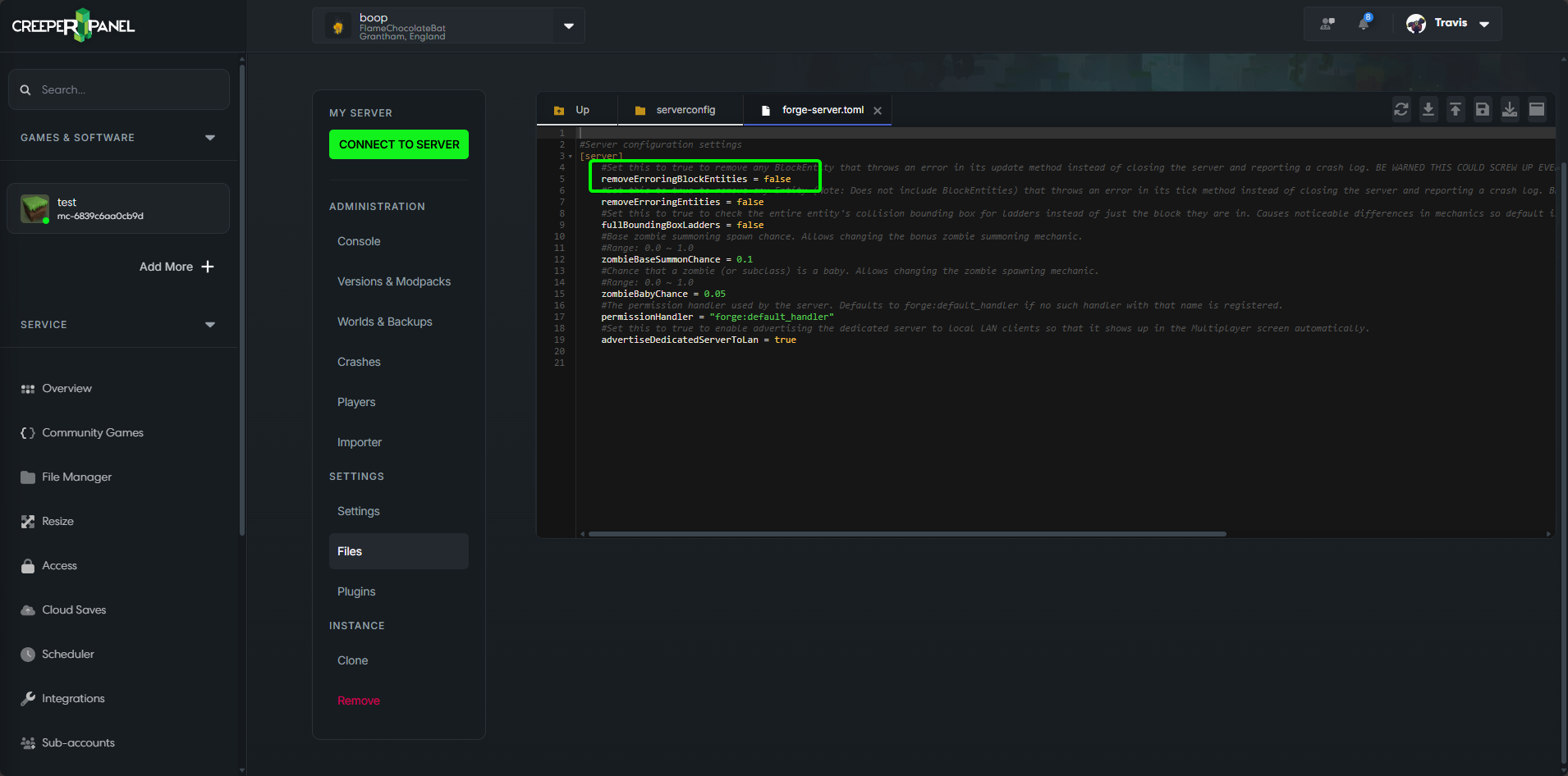 CreeperPanel Minecraft Entity Error Forge Edit Config