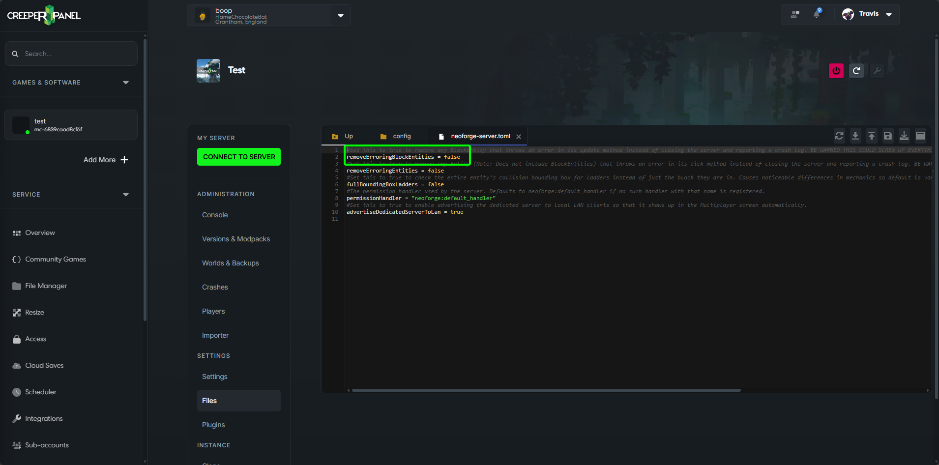 CreeperPanel Minecraft Entity Error NeoForge Edit Config