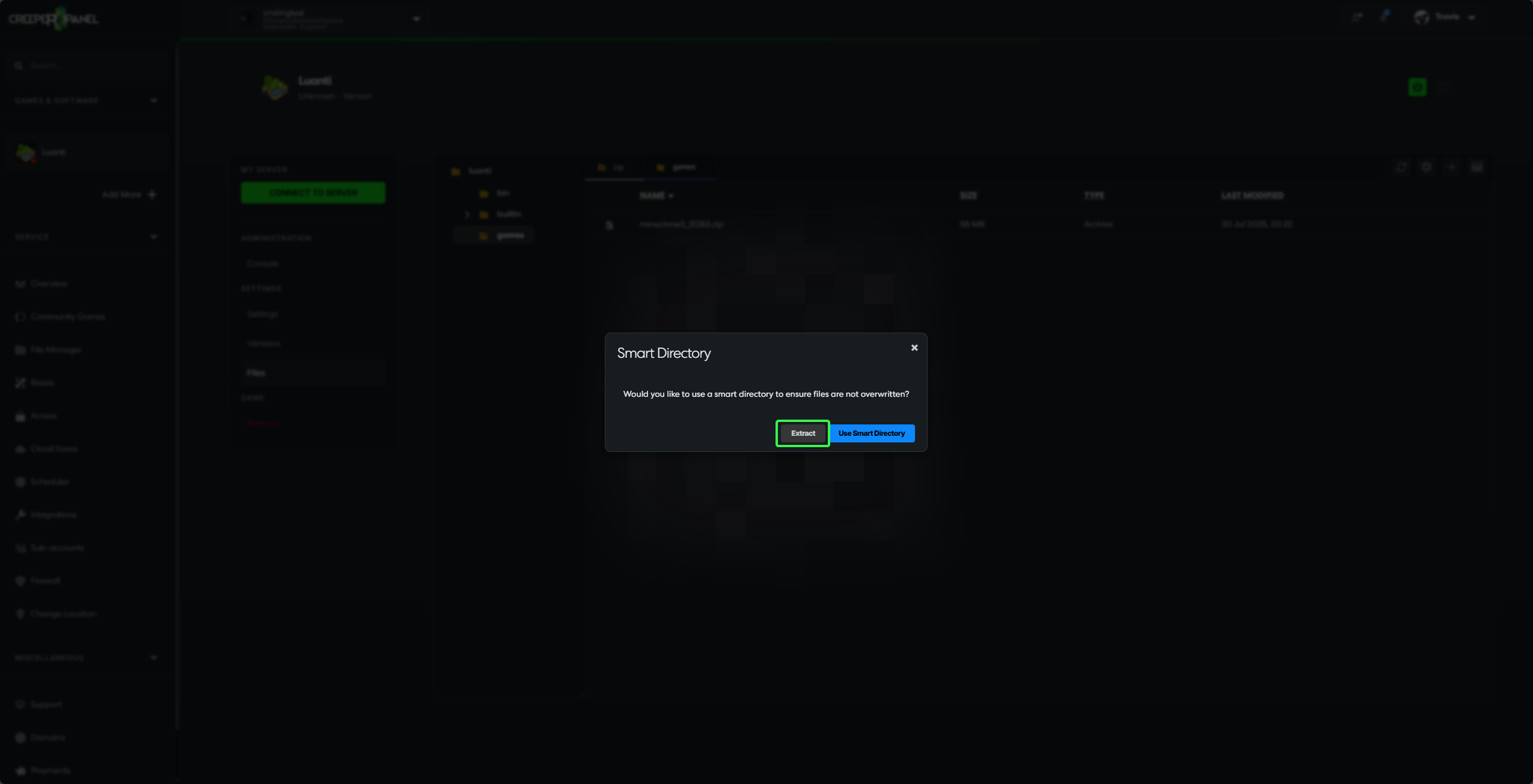 Luanti Install Games CreeperPanel Extract Confirm