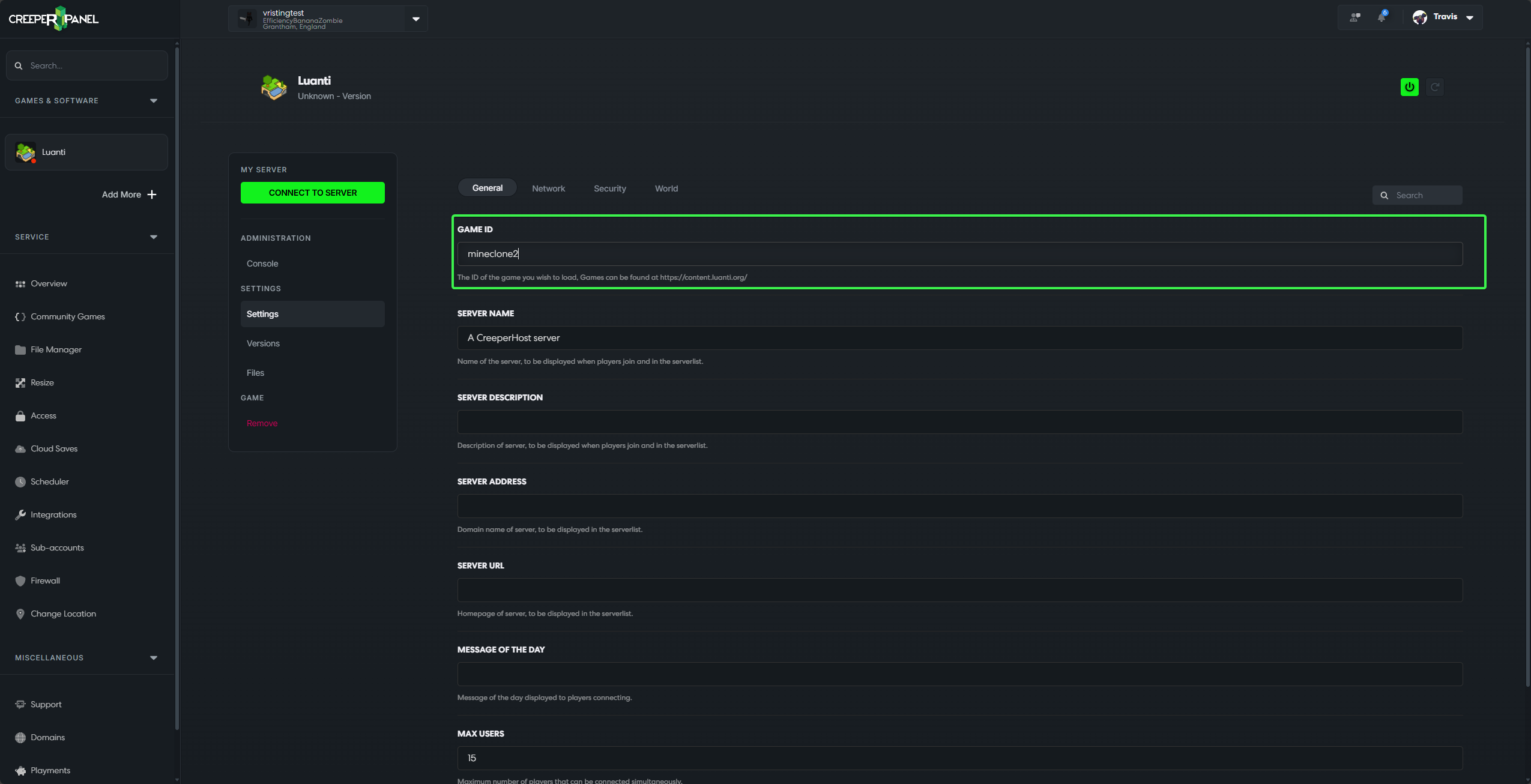 Luanti Install Games CreeperPanel Select Game ID