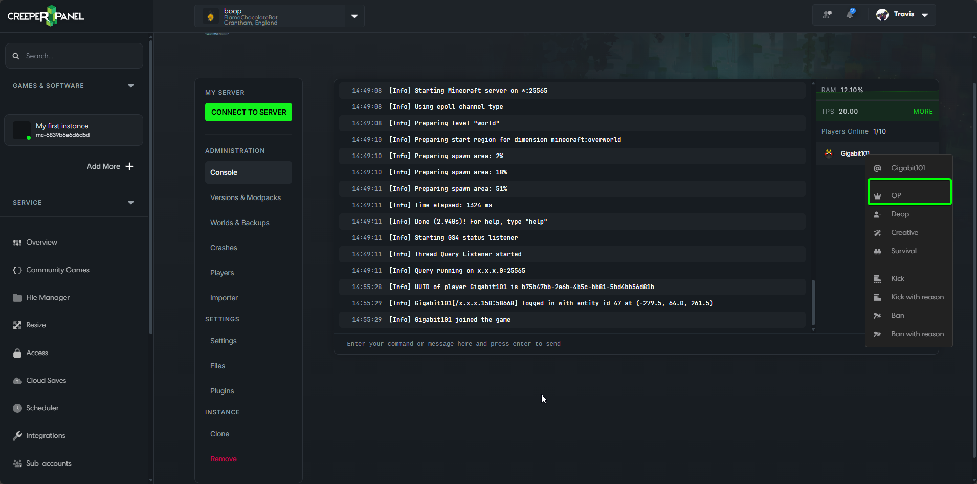 CreeperPanel OP Player Management Menu