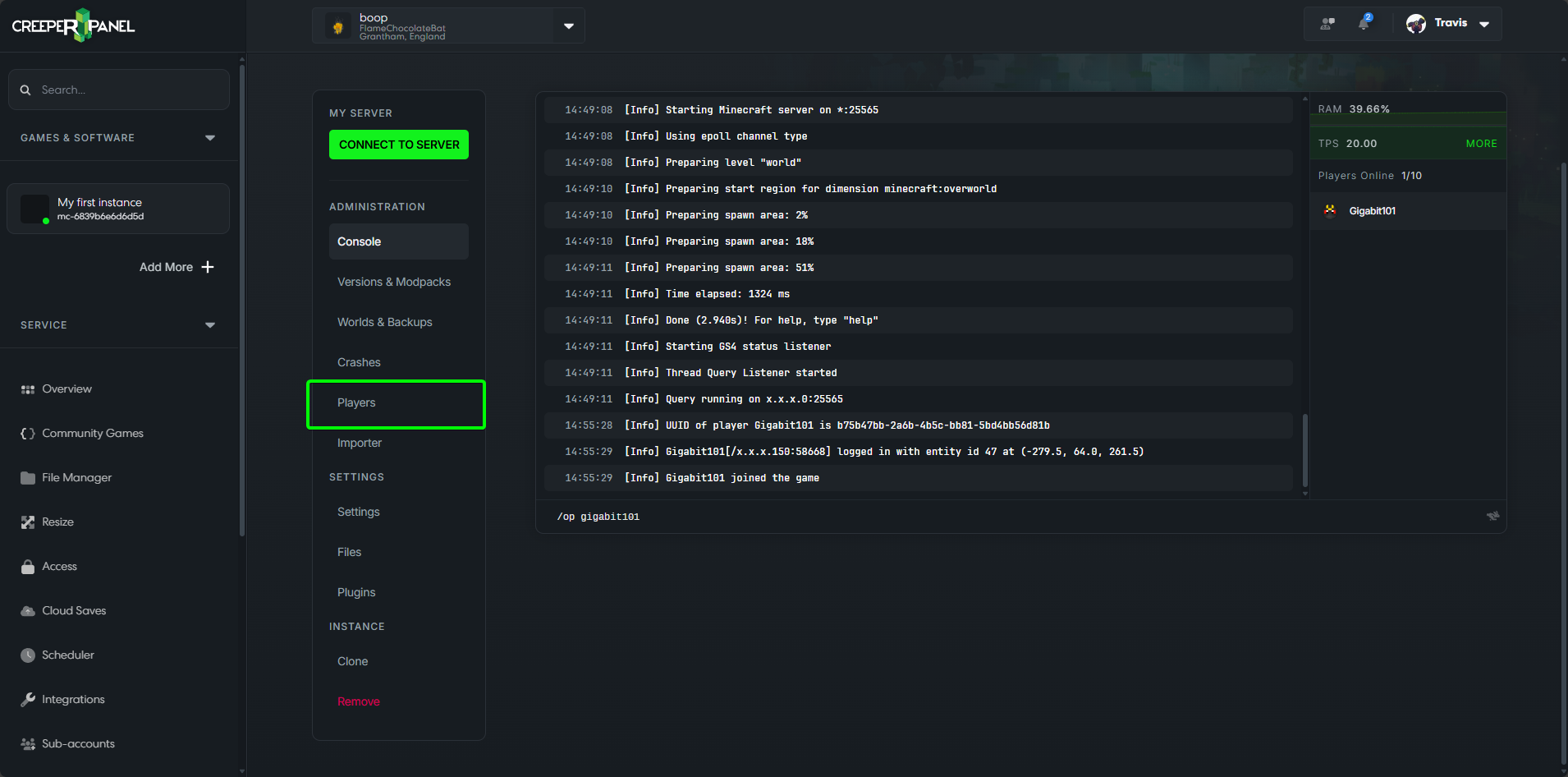 CreeperPanel OP Console Players Option