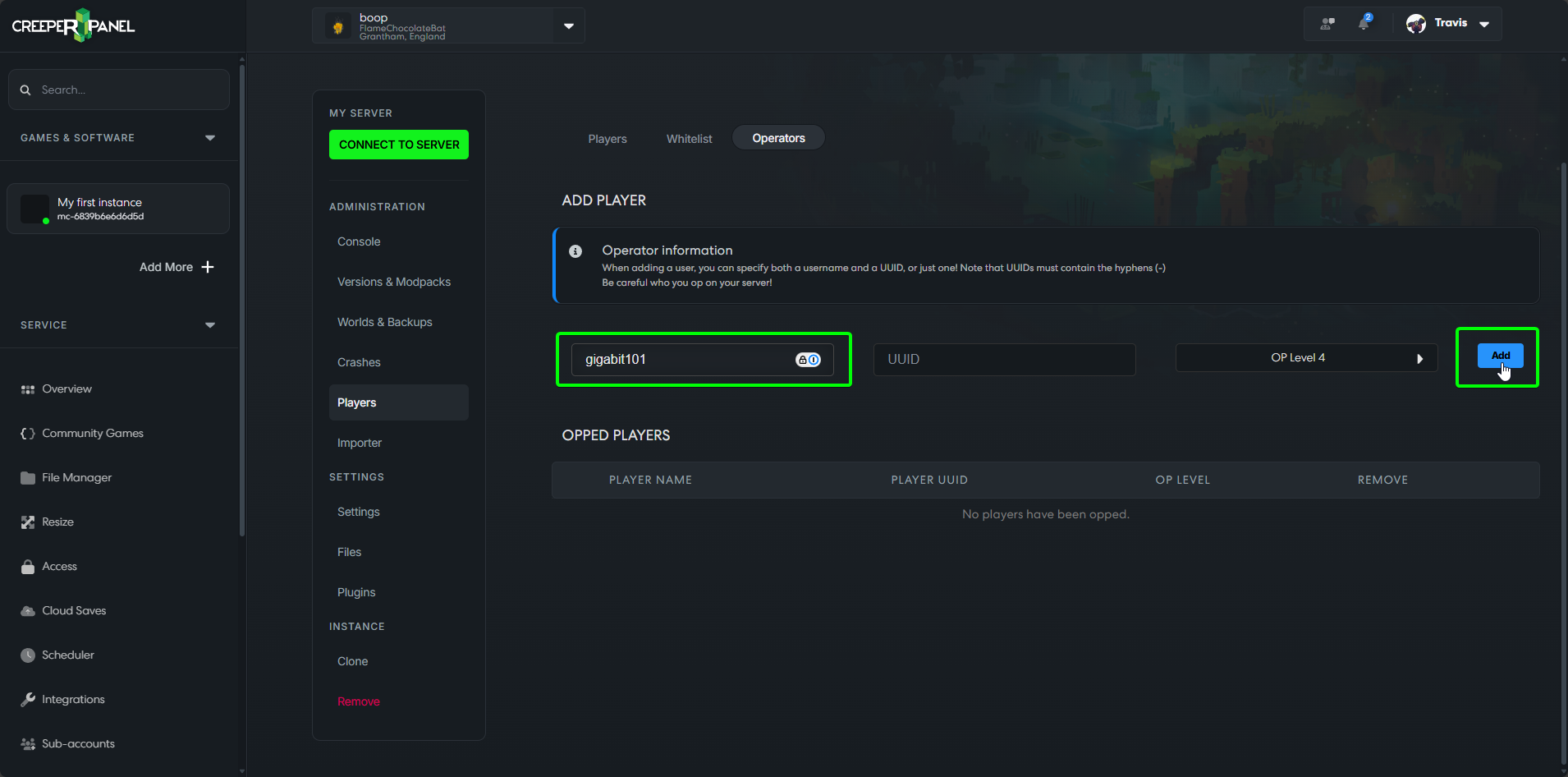 CreeperPanel OP Enter Username and Add