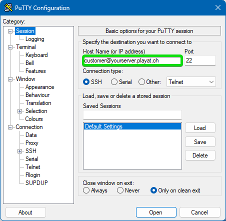PuTTY Configuration Add Host Name
