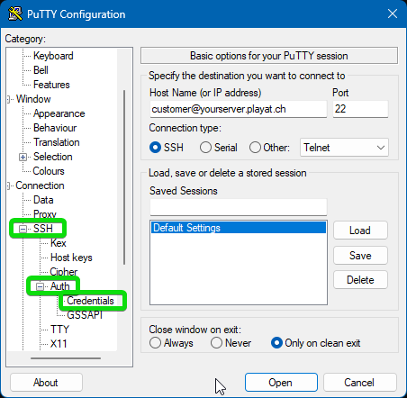 PuTTY Configuration Credentials