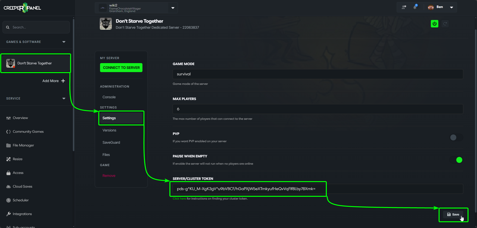 DST Server Token CreeperPanel Settings