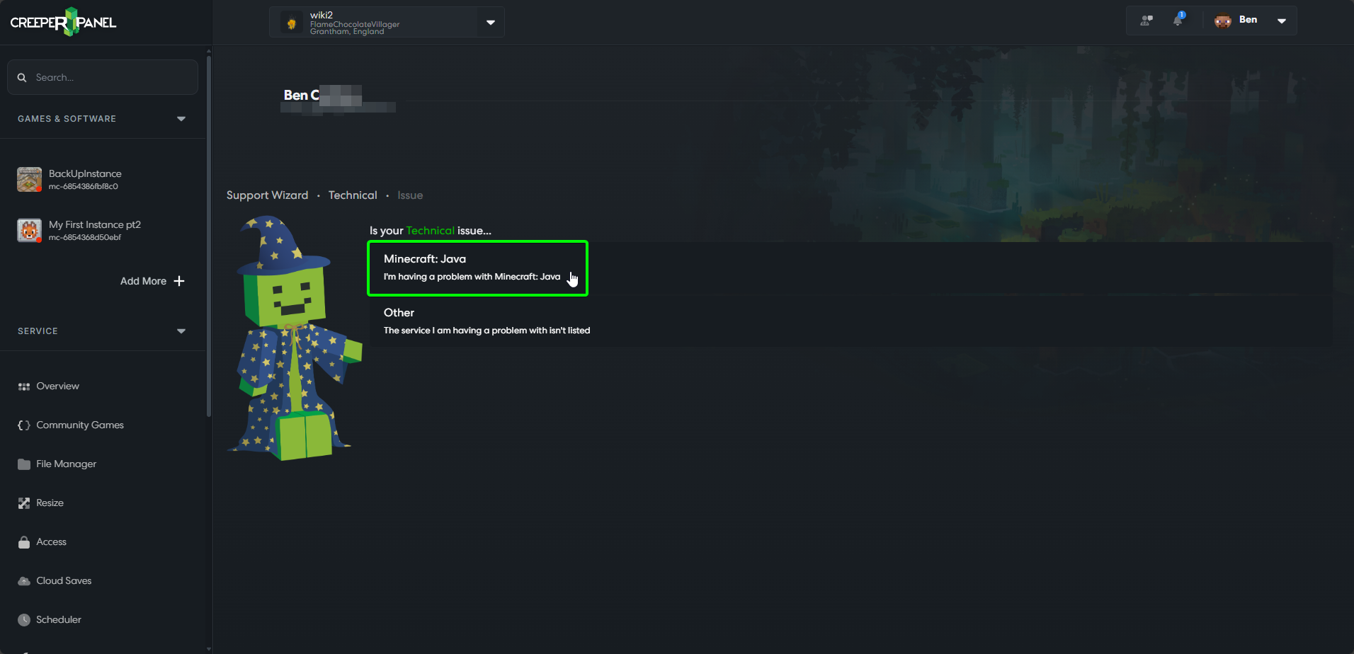 CreeperPanel SupportWizard Technical Issue Select Service
