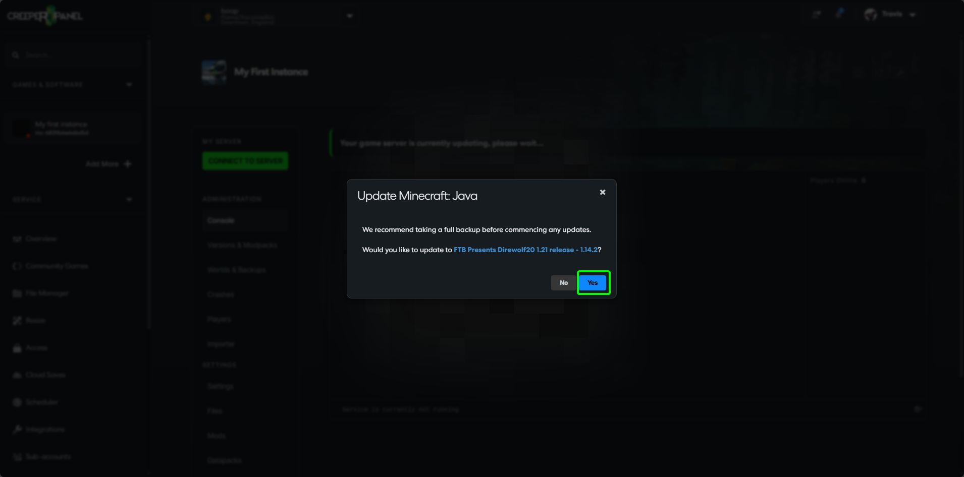 CreeperPanel Update Instance Update Confirm